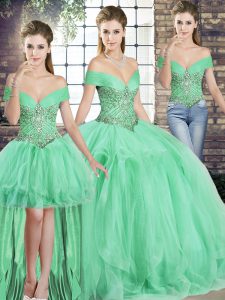 Apple Green Tulle Lace Up Quinceanera Dresses Sleeveless Floor Length Beading and Ruffles