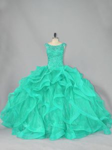 Fitting Ball Gowns 15th Birthday Dress Turquoise Scoop Organza Sleeveless Floor Length Lace Up