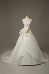 New Style Organza Sleeveless Wedding Gown Court Train and Beading and Lace and Hand Made Flower