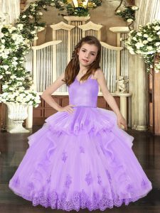 Straps Sleeveless Lace Up Evening Gowns Lavender Tulle