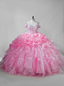 Elegant Pink Lace Up Straps Beading and Ruffles and Pick Ups Quinceanera Dress Organza Sleeveless Brush Train