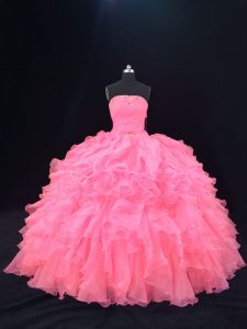 Pink Lace Up Quince Ball Gowns Beading and Ruffles Sleeveless Floor Length
