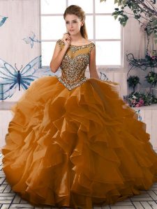 Brown Scoop Lace Up Beading and Ruffles Quinceanera Dress Sleeveless