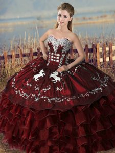 Burgundy Ball Gowns Sweetheart Sleeveless Satin and Organza Floor Length Lace Up Embroidery and Ruffles Quinceanera Gown