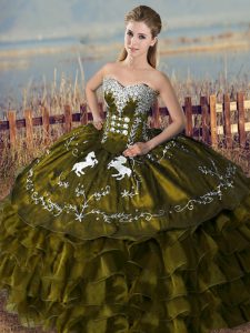 Designer Organza Sweetheart Sleeveless Lace Up Embroidery and Ruffles Quinceanera Gowns in Olive Green