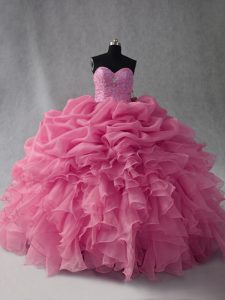 Modern Rose Pink Sleeveless Floor Length Beading and Ruffles and Pick Ups Lace Up Quinceanera Dress
