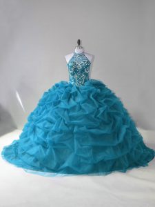 Low Price Teal Lace Up Halter Top Beading and Pick Ups Sweet 16 Quinceanera Dress Organza Sleeveless