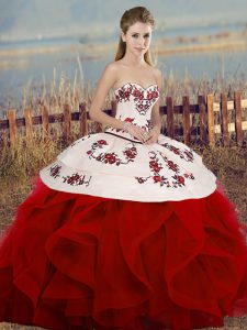 Nice Embroidery and Ruffles and Bowknot Ball Gown Prom Dress White And Red Lace Up Sleeveless Floor Length