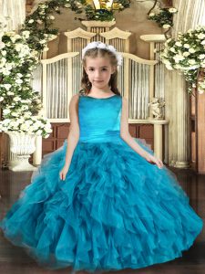 Elegant Floor Length Blue Winning Pageant Gowns Scoop Sleeveless Lace Up