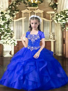 Adorable Royal Blue Ball Gowns Beading and Ruffles Little Girls Pageant Gowns Lace Up Tulle Sleeveless Floor Length
