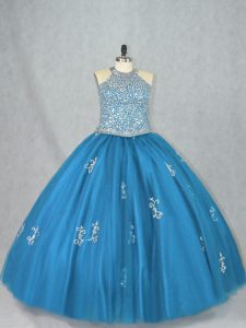 Attractive Blue Sleeveless Floor Length Beading and Appliques Lace Up Sweet 16 Quinceanera Dress