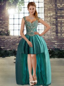 Teal Sleeveless High Low Beading Lace Up Prom Party Dress