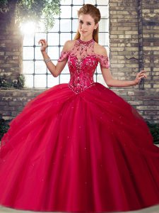 Coral Red Sleeveless Beading and Pick Ups Lace Up Quinceanera Gown