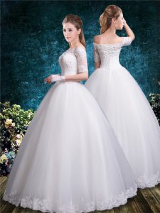 Glorious White Half Sleeves Floor Length Lace Lace Up Bridal Gown