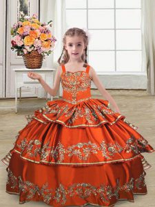 High Quality Rust Red Child Pageant Dress Wedding Party with Embroidery and Ruffled Layers Straps Sleeveless Lace Up