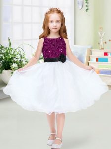 Sleeveless Knee Length Sequins and Hand Made Flower Zipper Flower Girl Dresses with White
