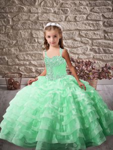 Apple Green Straps Neckline Beading and Ruffled Layers Pageant Dress for Womens Sleeveless Lace Up