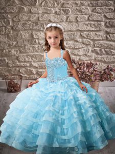 Baby Blue Pageant Dress for Girls Party and Sweet 16 and Wedding Party with Beading and Ruffled Layers Straps Sleeveless