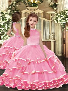 Organza Halter Top Sleeveless Backless Beading and Ruffled Layers Little Girls Pageant Gowns in Pink