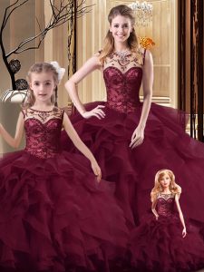 Scoop Sleeveless Tulle Ball Gown Prom Dress Beading and Ruffles Brush Train Lace Up