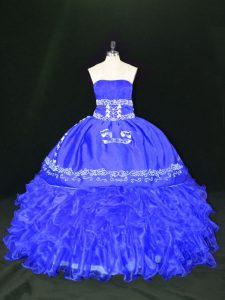 Modern Blue Ball Gowns Strapless Sleeveless Organza Floor Length Lace Up Embroidery and Ruffles Sweet 16 Quinceanera Dre