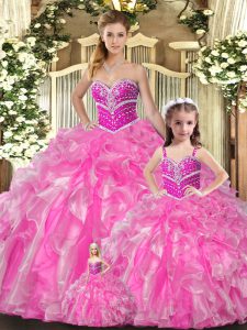Sleeveless Organza Floor Length Lace Up Ball Gown Prom Dress in Rose Pink with Beading and Ruffles