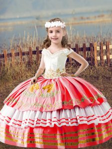 Excellent Satin Off The Shoulder Sleeveless Lace Up Embroidery Little Girl Pageant Gowns in Watermelon Red