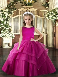 Fuchsia Tulle Lace Up Kids Formal Wear Sleeveless Floor Length Ruffled Layers
