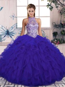 Noble Floor Length Purple Sweet 16 Dress Halter Top Sleeveless Lace Up