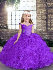 Purple Ball Gowns Fabric With Rolling Flowers Straps Sleeveless Beading Floor Length Lace Up Kids Formal Wear
