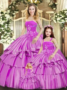 Lilac Strapless Lace Up Beading and Ruffled Layers 15 Quinceanera Dress Sleeveless