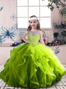 Gorgeous Olive Green Tulle Lace Up Pageant Gowns Sleeveless Floor Length Beading and Ruffles