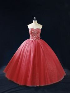 Flare Sweetheart Sleeveless Quince Ball Gowns Beading Red Tulle