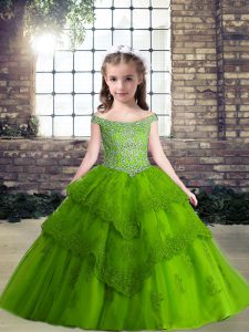 High End Floor Length Green Little Girl Pageant Gowns Tulle Sleeveless Beading