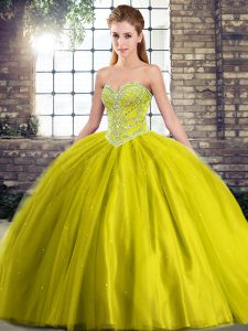 Most Popular Sweetheart Sleeveless Quinceanera Dresses Brush Train Beading Olive Green Tulle