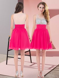 Fabulous Hot Pink Chiffon Side Zipper Wedding Guest Dresses Sleeveless Mini Length Beading