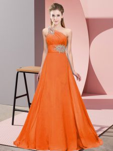 Orange Red Empire One Shoulder Sleeveless Chiffon Brush Train Lace Up Beading and Ruching Prom Dresses