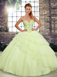 Graceful Sweetheart Sleeveless Brush Train Lace Up Quinceanera Dresses Yellow Tulle