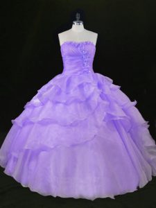 Lavender Organza Sweet 16 Quinceanera Dress Sleeveless Floor Length Beading and Ruffles