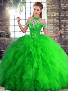 Delicate Green Halter Top Lace Up Beading and Ruffles Quinceanera Gown Sleeveless