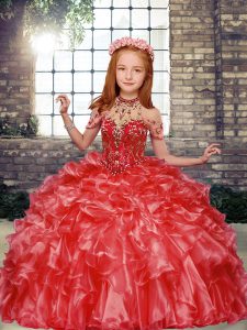 Red Ball Gowns Beading and Ruffles Little Girls Pageant Dress Lace Up Organza Sleeveless Floor Length