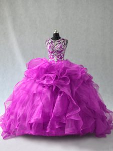 Perfect Purple Ball Gowns Beading and Ruffles Quinceanera Gowns Lace Up Organza Sleeveless Floor Length