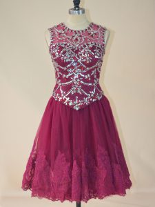 Burgundy A-line Beading and Lace Prom Dresses Lace Up Tulle Sleeveless Mini Length