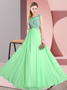 Eye-catching Green Empire Scoop Sleeveless Chiffon Floor Length Backless Beading and Appliques Quinceanera Court of Hono