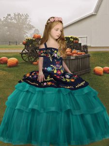 Fashionable Teal Ball Gowns Embroidery and Ruffled Layers Pageant Dress for Girls Lace Up Tulle Sleeveless Floor Length
