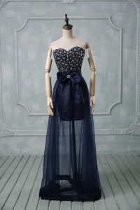 Navy Blue Empire Tulle Sweetheart Sleeveless Beading and Bowknot Floor Length Lace Up Homecoming Dress