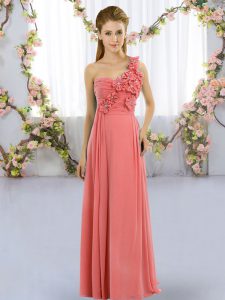 Watermelon Red Sleeveless Floor Length Hand Made Flower Lace Up Bridesmaid Dresses