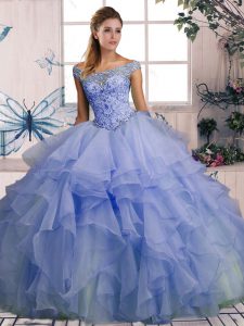 Ball Gowns Sweet 16 Dresses Lavender Off The Shoulder Organza Sleeveless Floor Length Lace Up