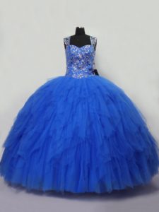Beading and Ruffles Ball Gown Prom Dress Blue Lace Up Sleeveless Floor Length