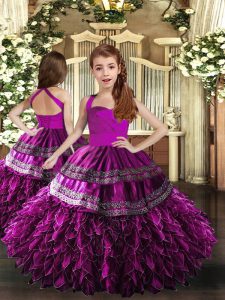 Latest Purple Sleeveless Appliques and Ruffles Floor Length Pageant Gowns For Girls